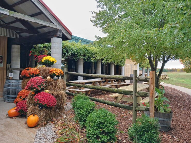 Building with a deep front porch, fall mums and stacks of hay decorating the entrance with a lawn and picnic tables to the right
