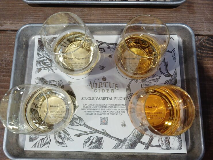 A flight of four hard apple ciders