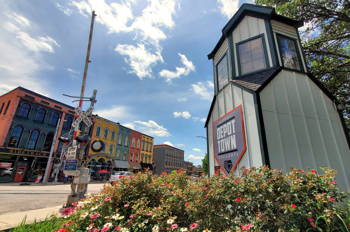 View of Cross Street, the primary street in Depot Town in Ypsilanti, MI