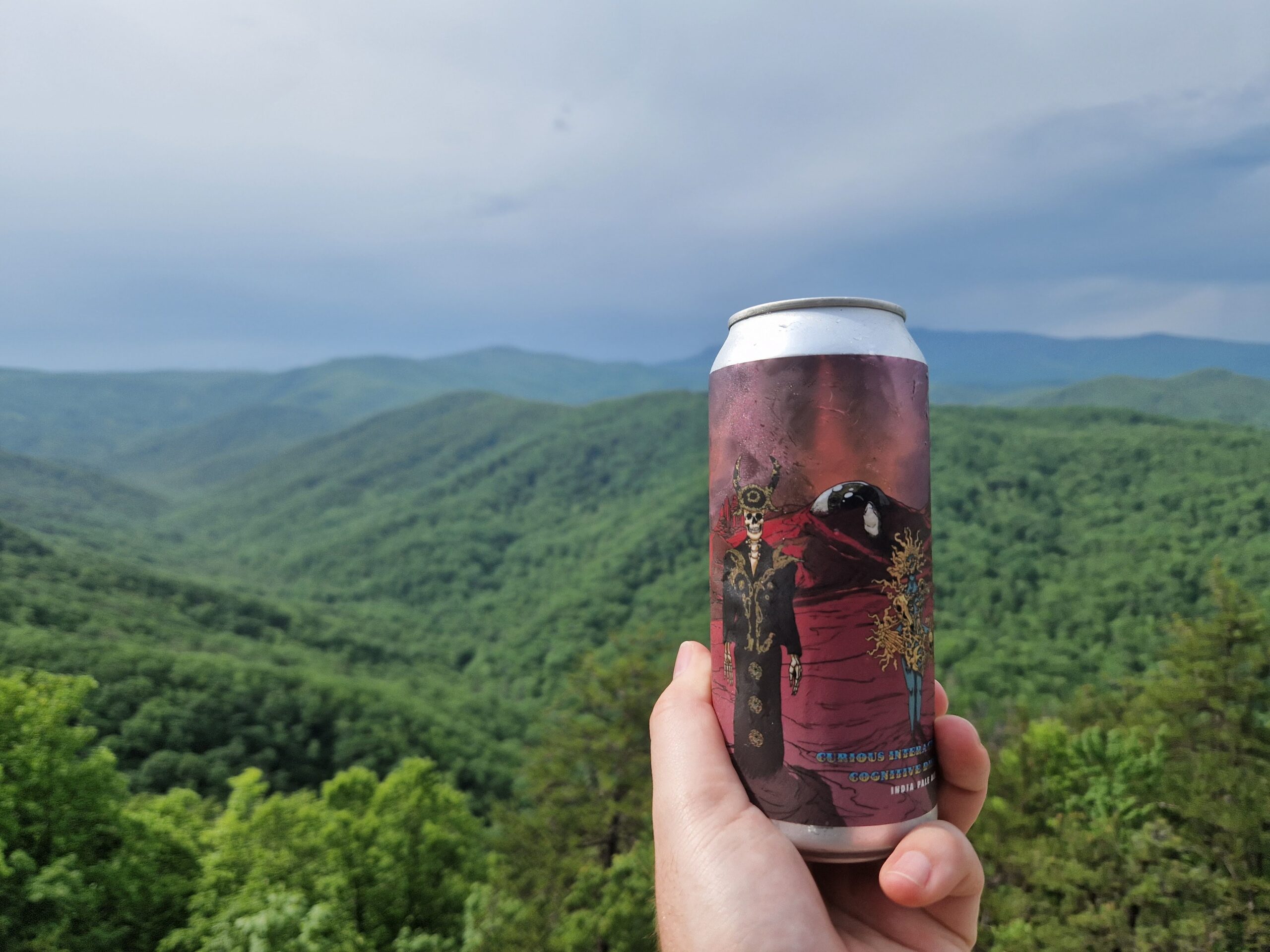 A hand holds up a can of beer on a mountaintop against a dark sky