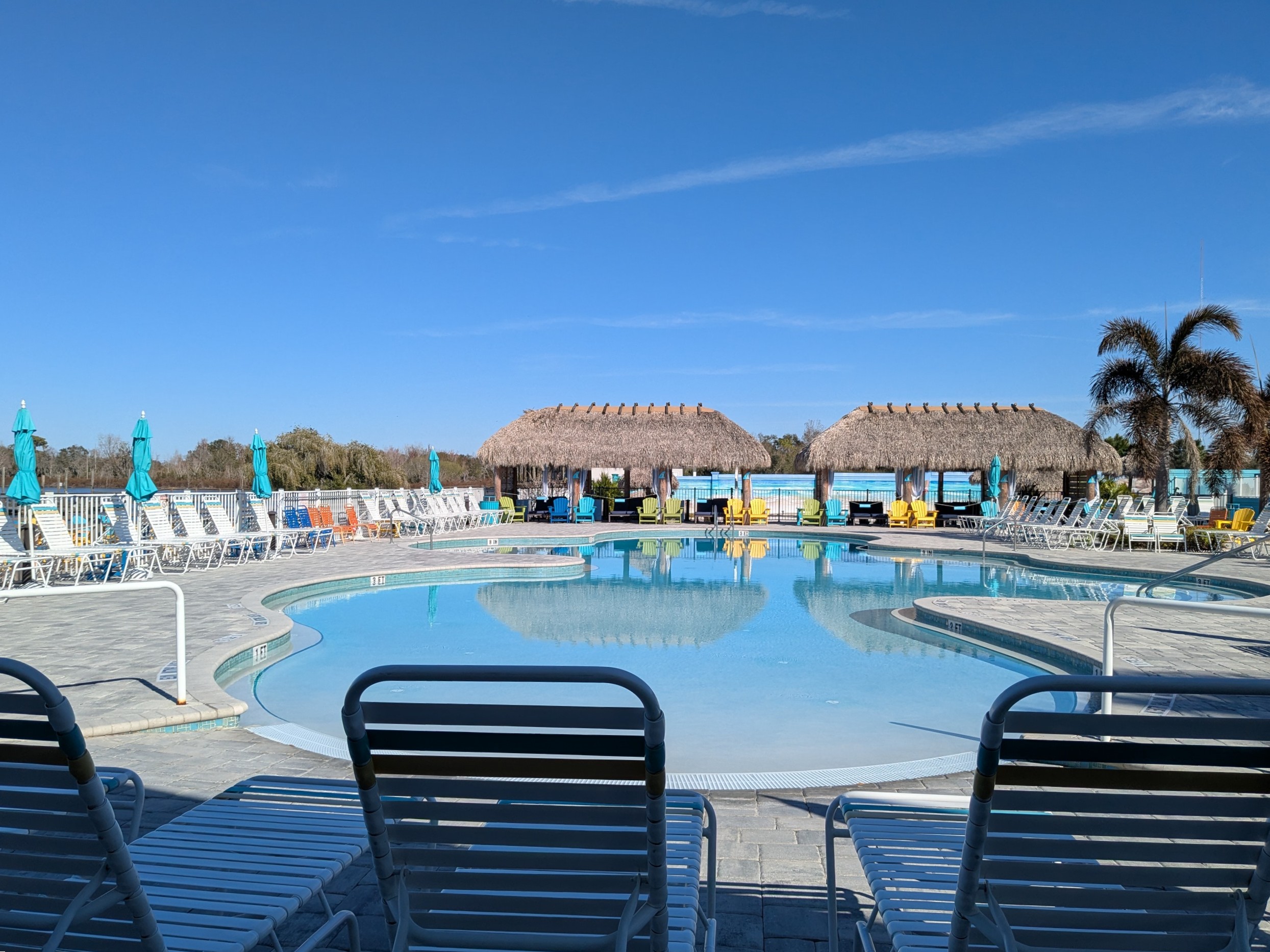 Blue skies and blue pool at Camp Margaritaville