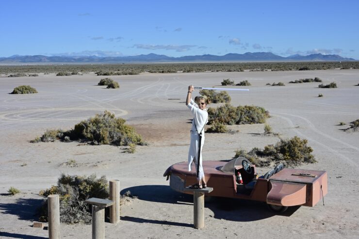 The desert background and constructed sets around Outpost X are perfect for space age-dystopian cosplay. ©Julia Bayly