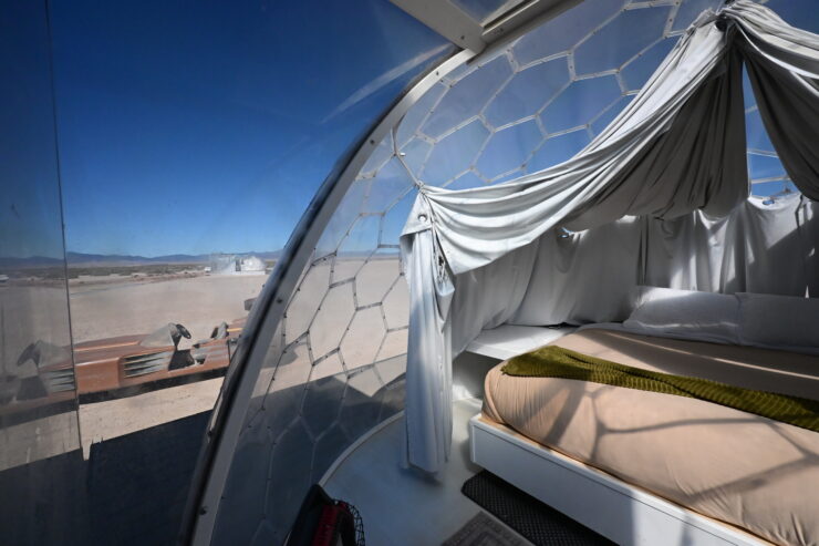 Opting for one of the geodesic domes at Outpost X means having a 360-degree view of the surrounding desert from your bedroom. During the day you can see for miles. At night, the clear desert sky takes center stage. ©Julia Bayly