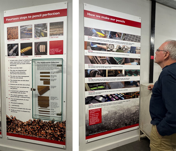 Displays showing the 14-step process to making pencils