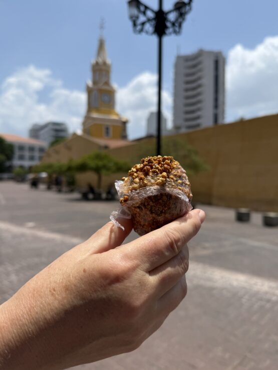 One of the popped millet happiness balls sweets sold in Cartagena, Colombia.