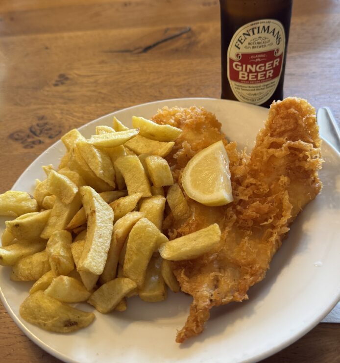 Fish and chips meal at the Old Keswickian in Keswick, England.
