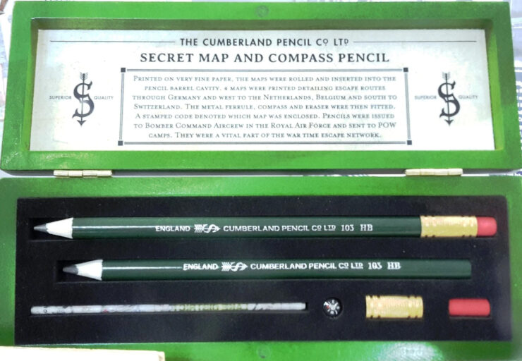 Close-up view of the Secret Map and Compass Pencil, Cumberland Pencil Co., seen at Derwent Pencil Museum