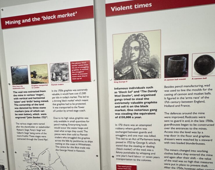 Display at Derwent Pencil Museum showing information about Mining and Black Market