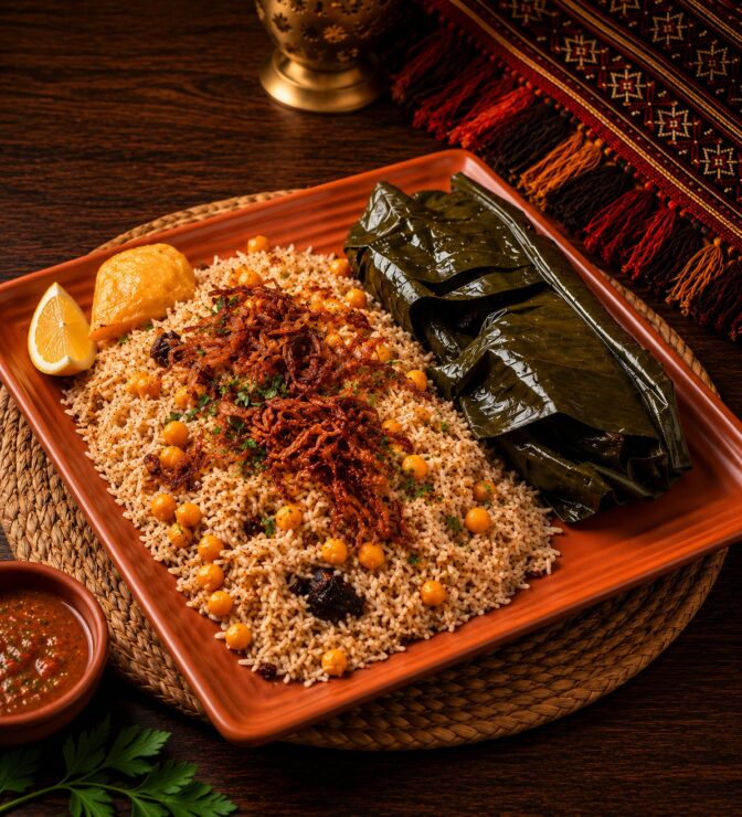Spiced rice with chickpeas and caramelized onions pairs with Shuwa wrapped in banana leaves
