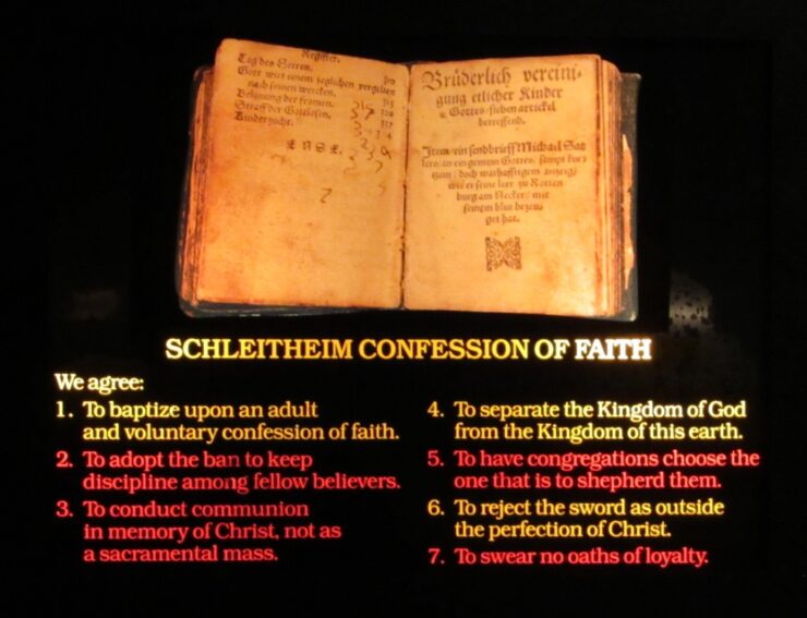 This photo shows the Confession of Faith for the Anabaptist culture and what ideals they believe.