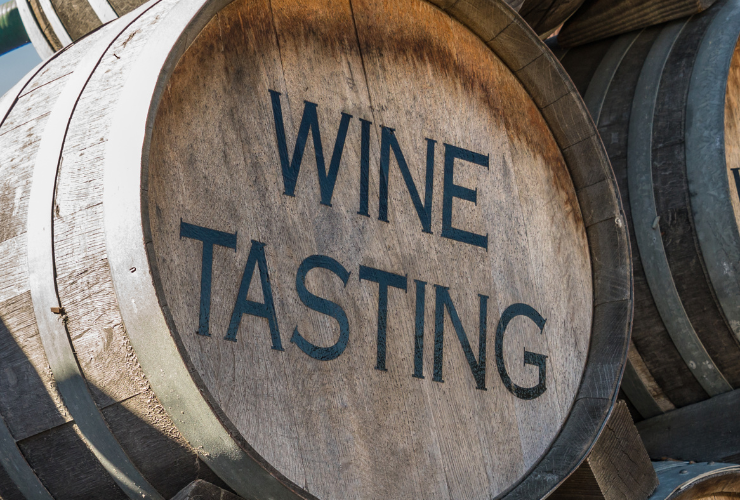 Wooden wine barrels at a tasting room