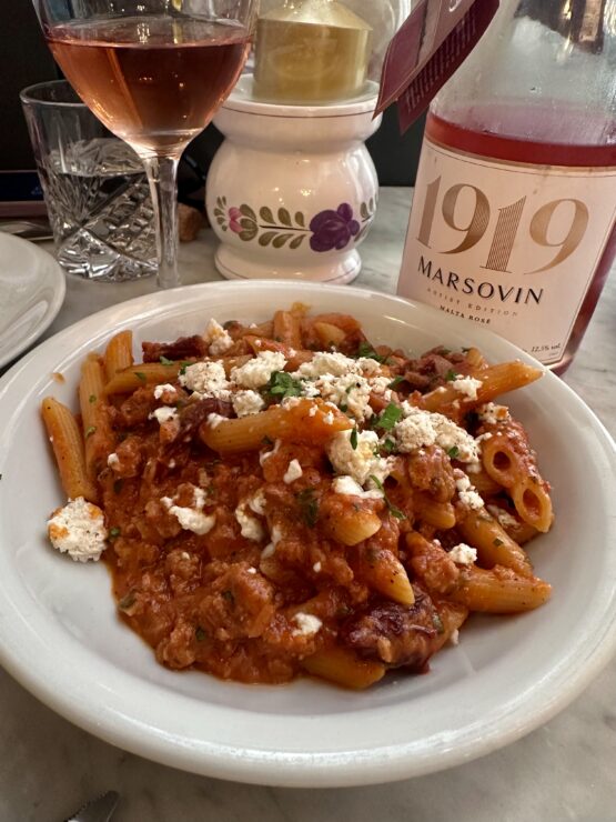 Penne with Maltese sausage ragout and peppered goat cheese at Angela's in Malta