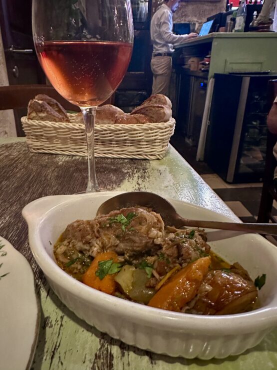 Pork stew at Legligin restaurant in Valletta, Malta with Ta' Betta rosé of Syrah and Mourvèdre