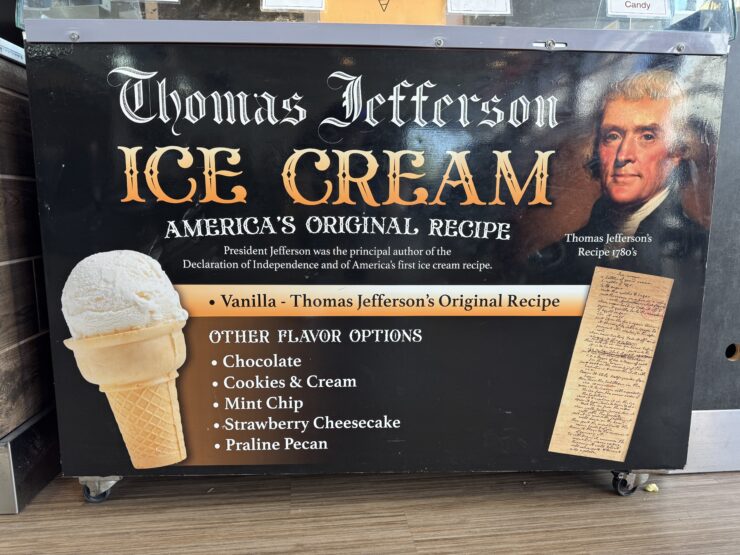 A descriptive sign detailing the options for Thomas Jefferson Ice Cream.