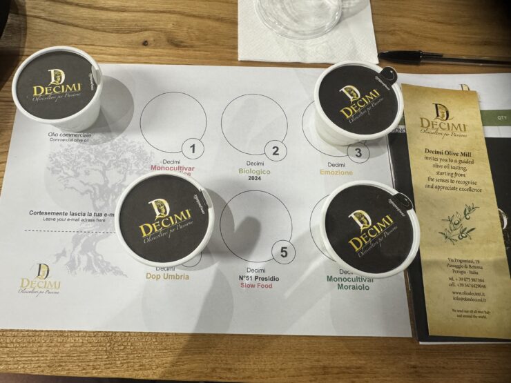 Four cups with lids sit on a white piece of paper with olive oil tasting notes on a wooden table