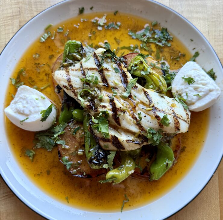 Halibut with Peaches, Shishito Peppers, Burrata © Susan Greenberg