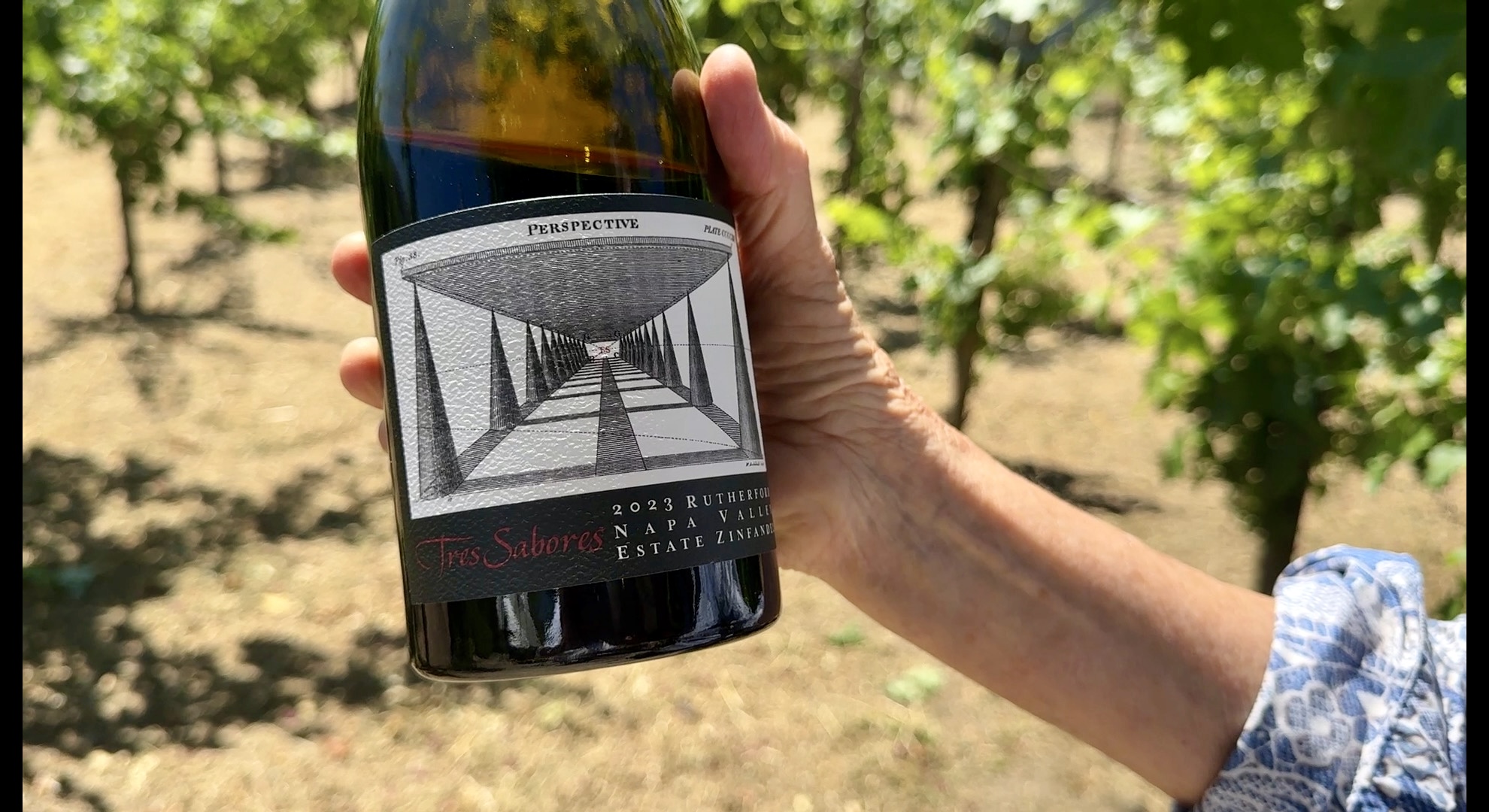 2023 Tres Sabores Estate Zinfandel bottle held with the vines in the background.