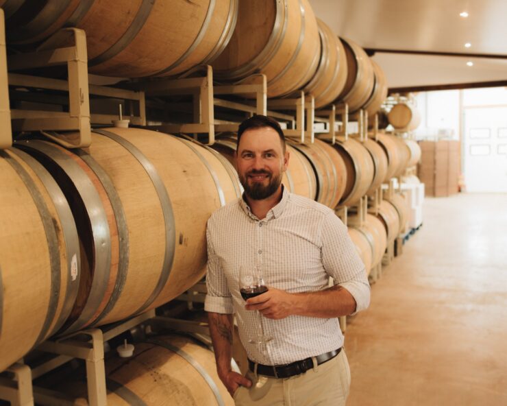 Bjorn Bonjean, Operations Manager and Winemaker, in Spirit Hills' barrel room
