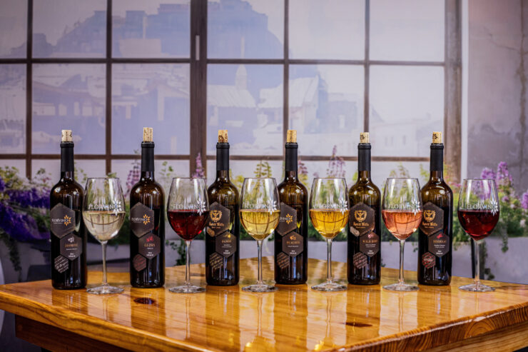 FlorVino's line-up of six wines, including wine bottles and glasses