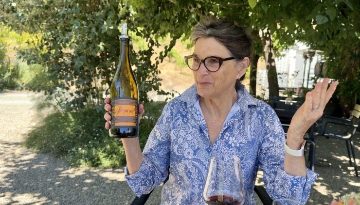 Tres Sabores winemaker and owner Julie Johnson chatting with the authors over their Porque No? Red Blend.
