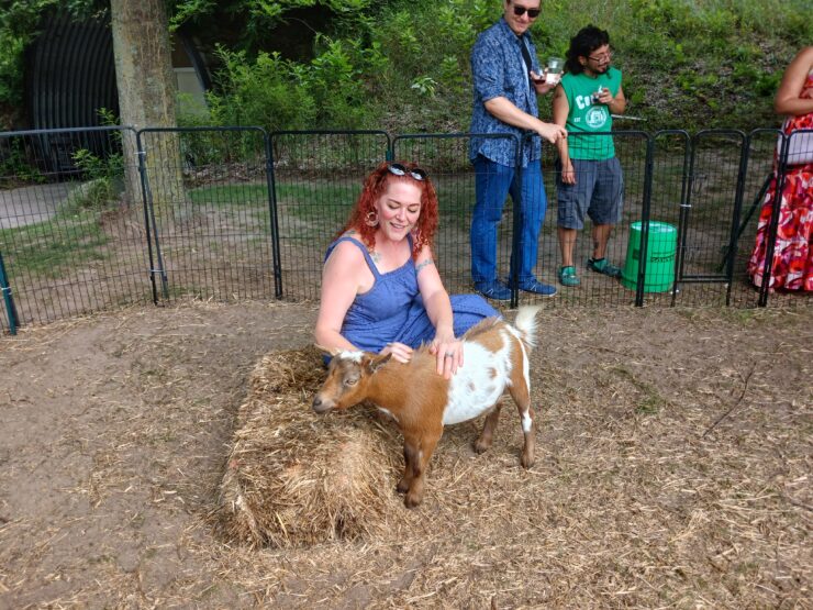 woman sitting on hay bay petting goat