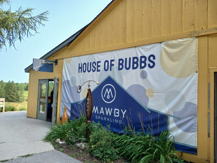 Mawby winery exterior with sign reading House of Bubbs