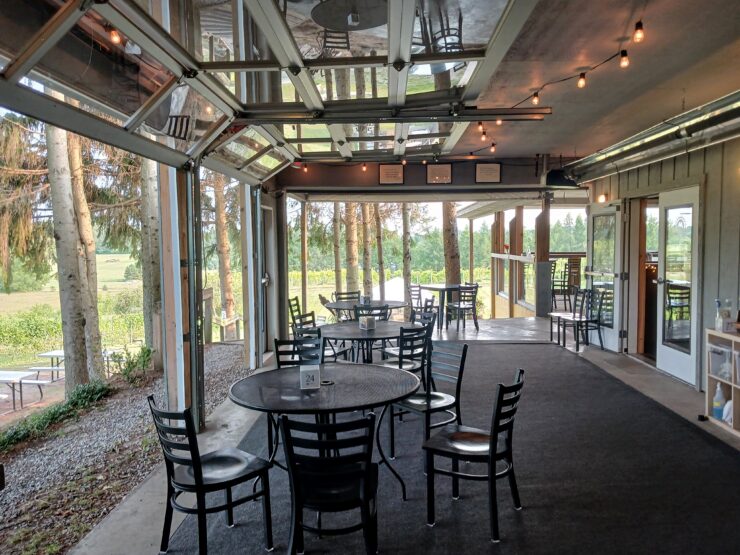 covered patio with tables and chairs surrounded by tall trees and vineyards