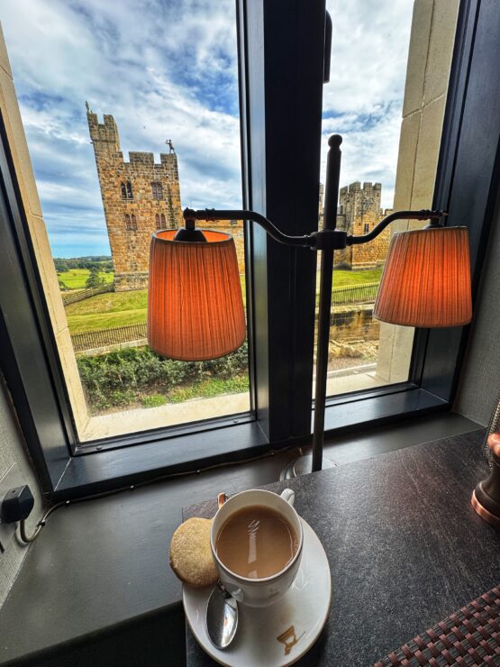 Cup of tea and biscuit on wooden table by windows with view of a castle