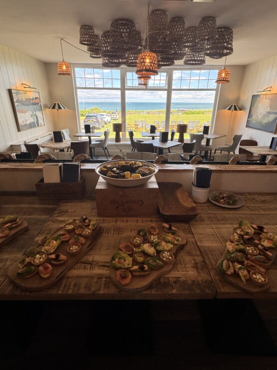 Plates of seafood laid on a table with sea view behind